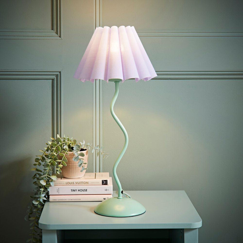 ValueLights Wiggle Lilac and Moss Green Pleated Scallop Shade Table Lamp and LED Bulb Image 2