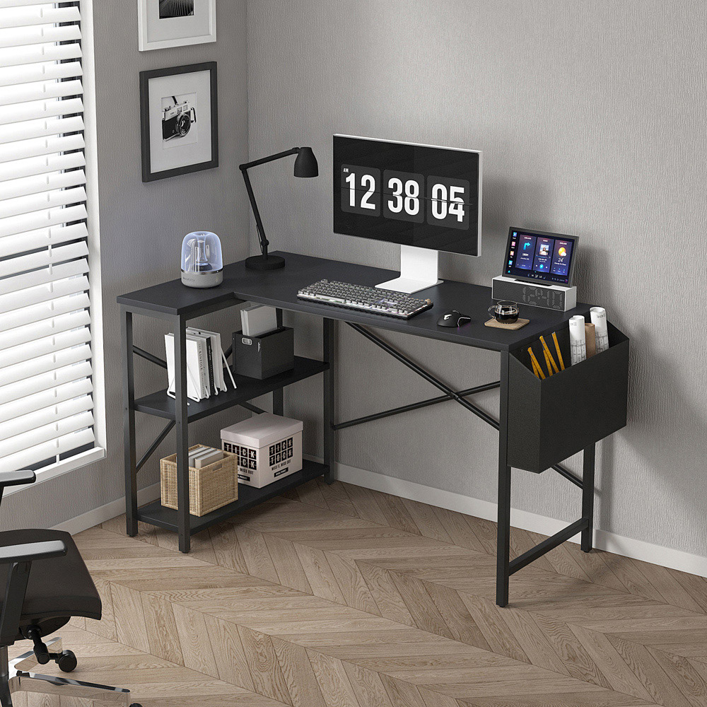 Lotus 2 Adjustable Shelve L Shaped Corner Computer Desk Distressed Black Image 2