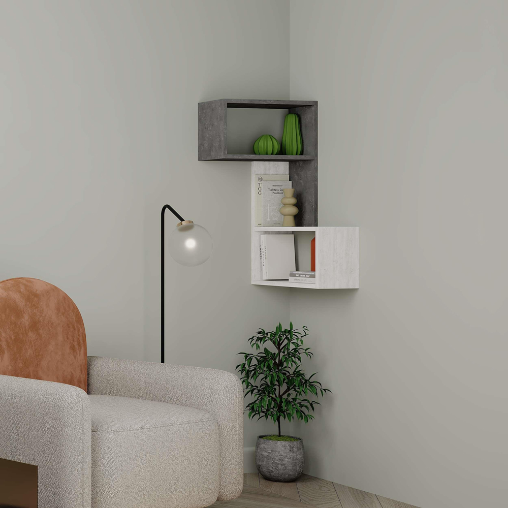 Decortie Part Single Shelf 2 Cube Retro Grey and Ancient White Corner Bookcase Image 4