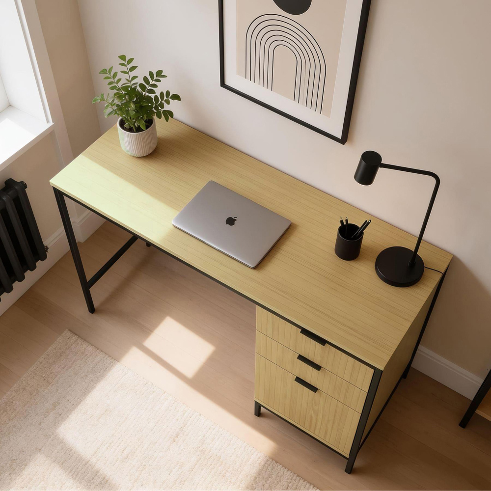 Home Source Wisbech 3 Drawer Black and Oak Effect Desk Image 3