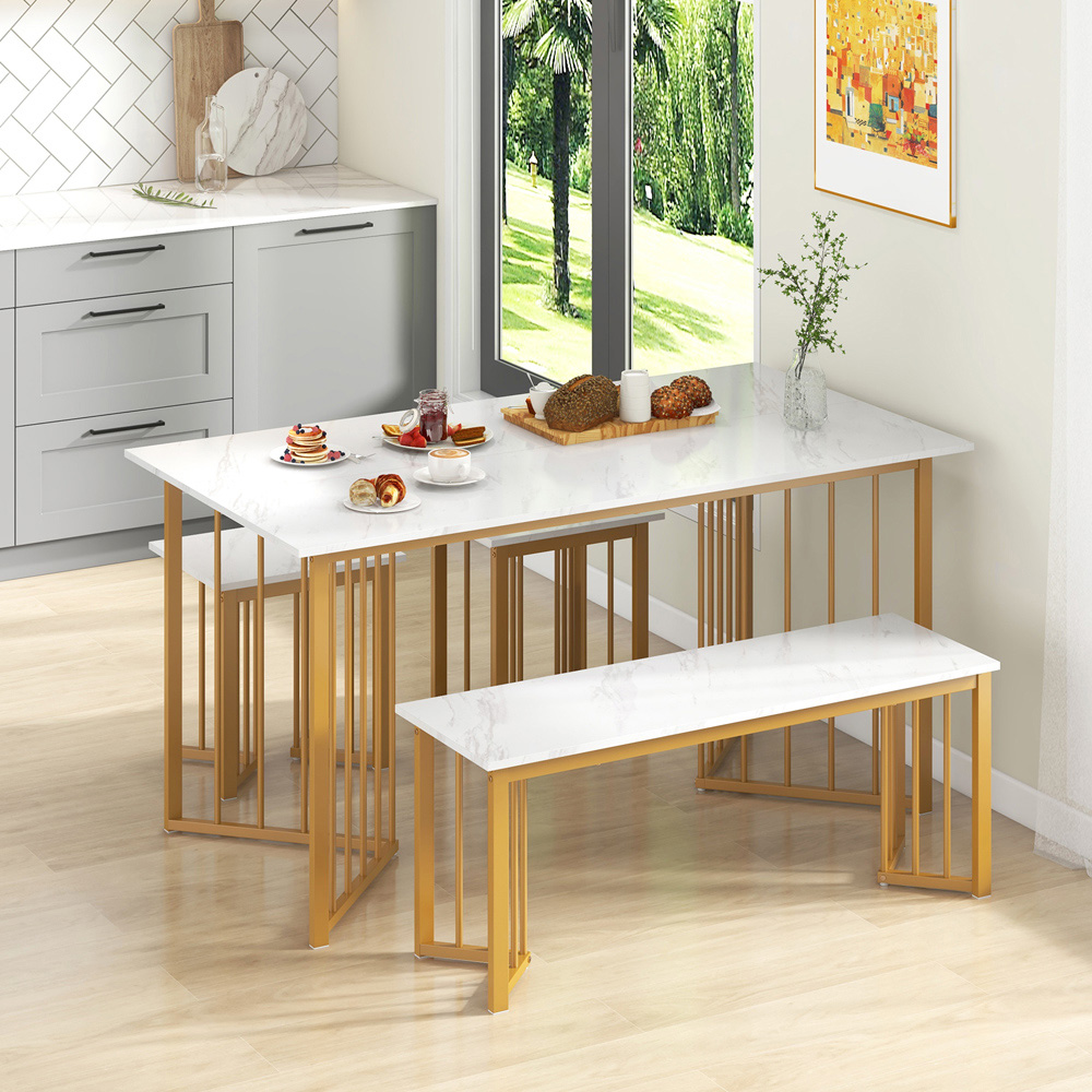 Costway 4 Seater Dining Set with Bench and Stools White and Golden Image 3