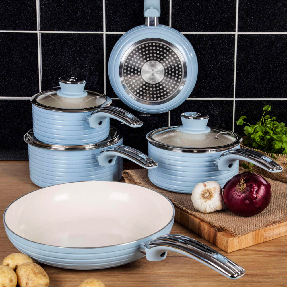 Swan Retro 3 Piece Blue Aluminium Non-Stick Saucepan Set Image 4