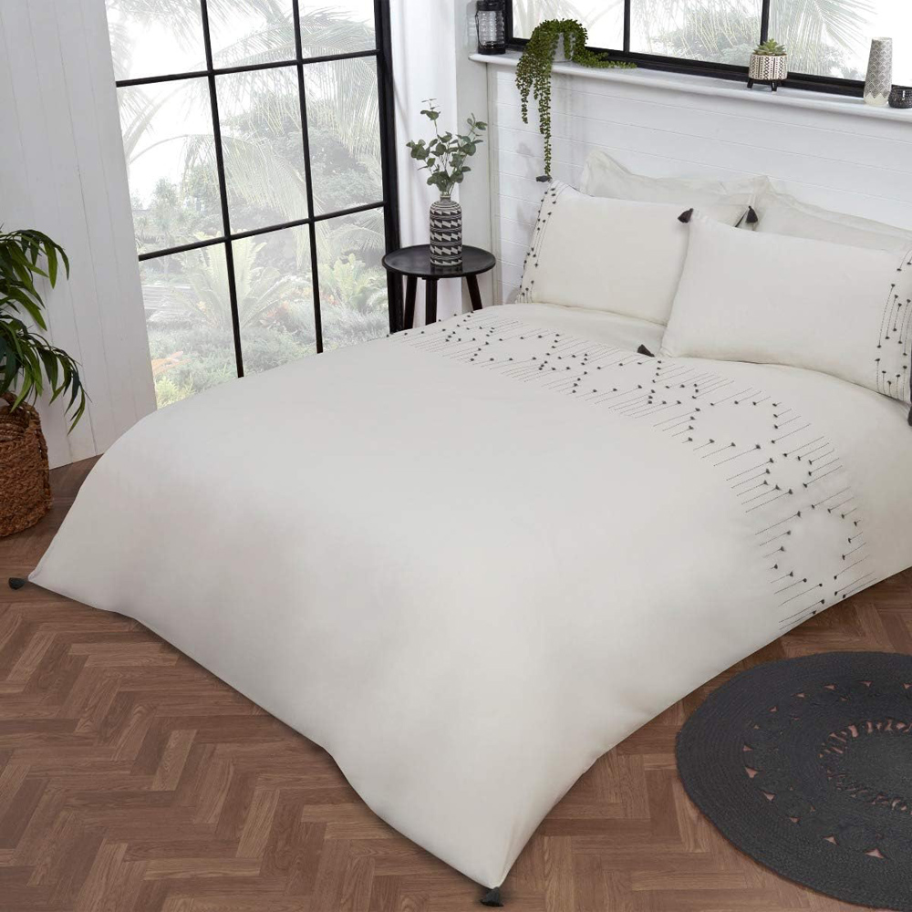 Smart Living Single Boho Embroidered Tassels Mono Duvet Cover Set Image 1