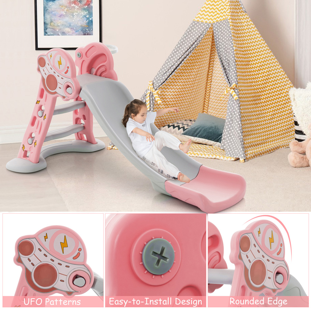 Costway 3 in 1 Pink Kids Indoor Slide with Basketball Hoop Image 7