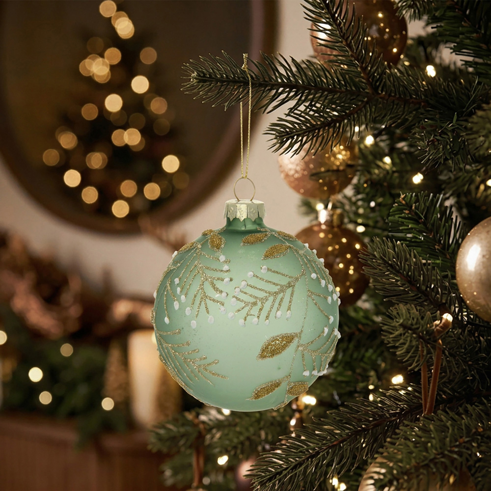 Frosted Green Glitter Detail Bauble Image 5