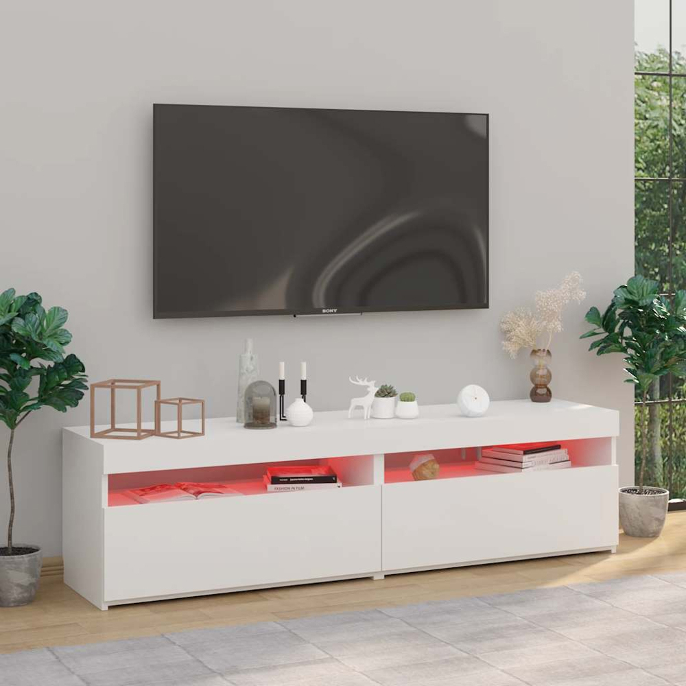 vidaXL Single Door Single Shelf White TV Cabinet with LED Lights Set of 2 Image 4