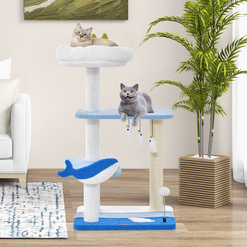 Costway 3 Tier Blue Ocean Themed Cat Tree with Scratching Posts 93cm Image 2