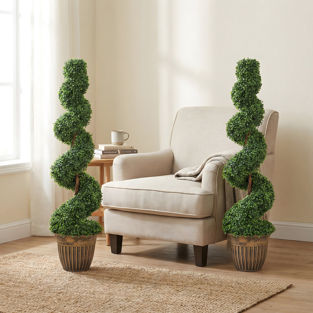 HOMCOM Potted Artificial Topiary Spiral Boxwood Trees Set of 2 Image 3