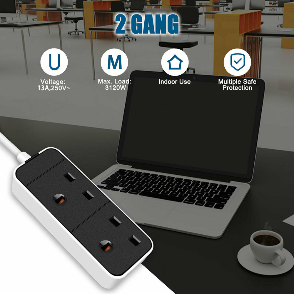 ExtraStar 13A 2m 2 Socket Black Extension Lead Image 3