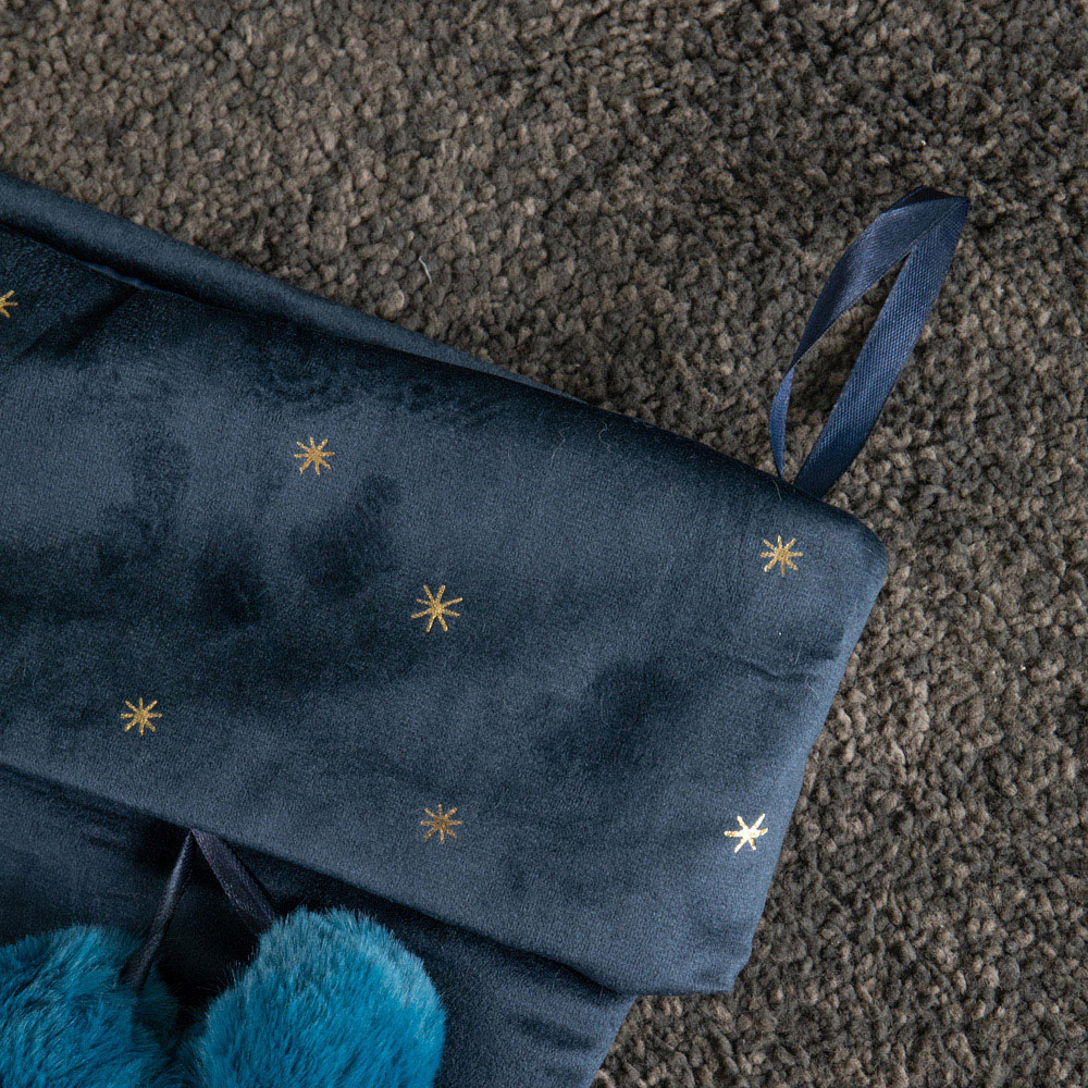 Samuel Alexander Dark Blue Velour Star Print Christmas Stocking with Pom Poms 70cm Image 6