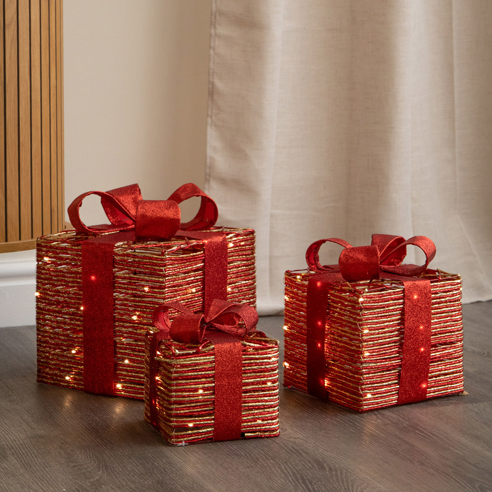 Samuel Alexander Set of 3 Warm White LED Light Up Red and Gold Christmas Box Decoration Image 1