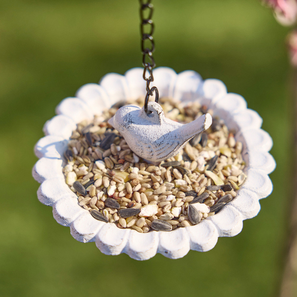 Dibor White Rustic Cast Iron Floral Hanging Bird Feeder Image 5