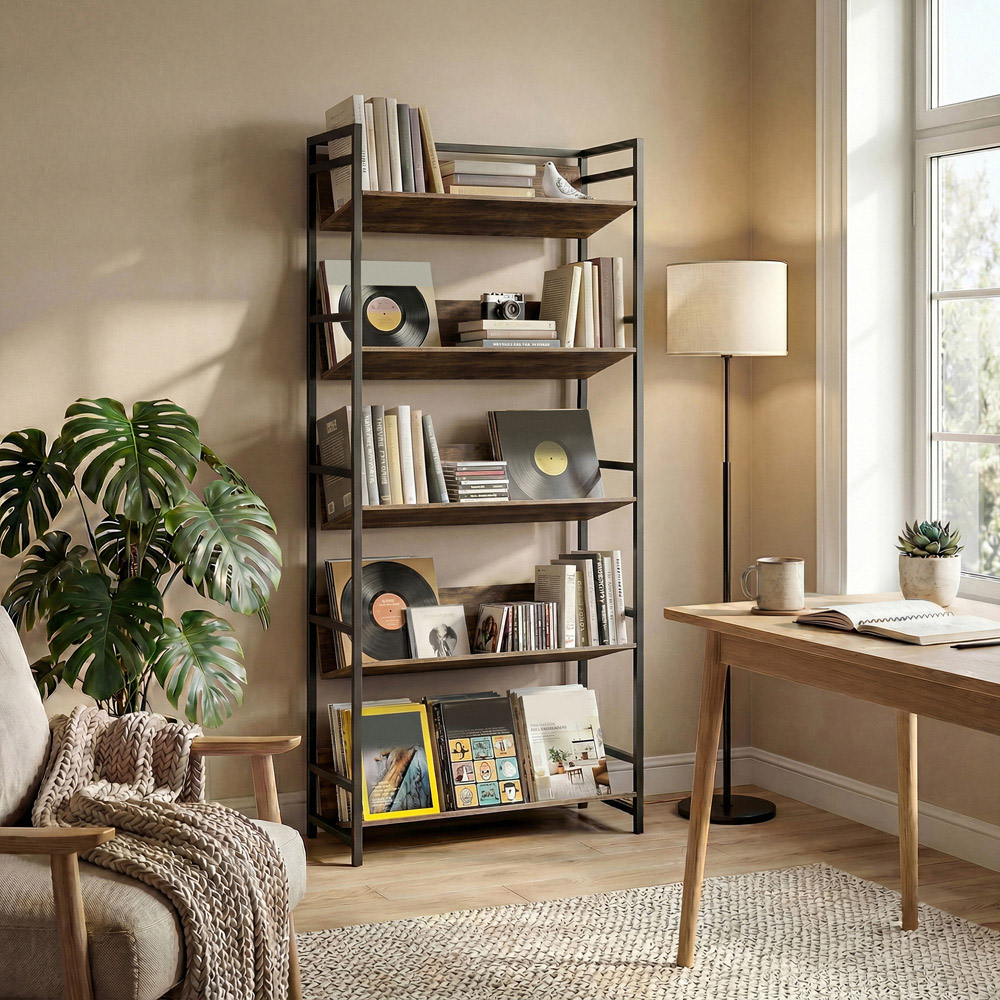 Portland 5 Shelf Rustic Brown Anti Slip Bookcase Image 3