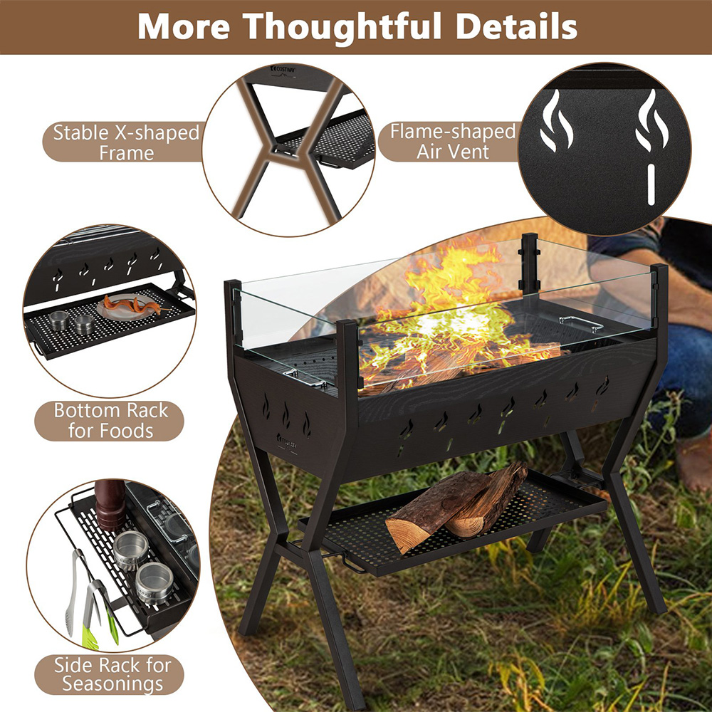 Costway Black BBQ Charcoal Grill with Wind Guard and Seasoning Racks Image 7