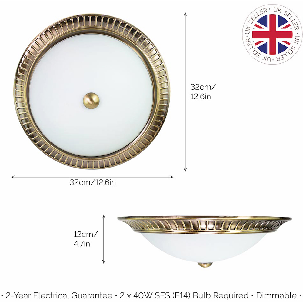 Happy Homewares Antique Brass Traditional Flush Ceiling Light with Opal Glass Diffuser Image 8