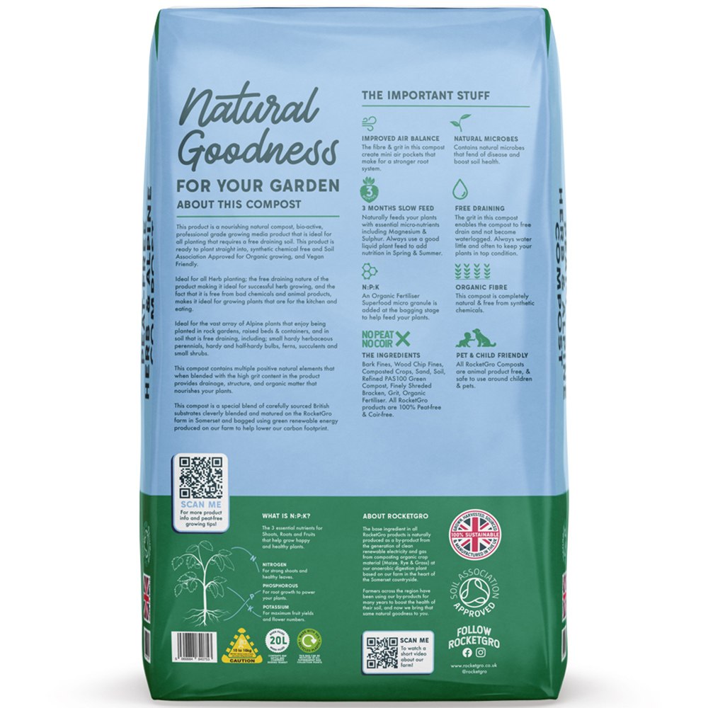 RocketGro Organic Approved Peat-Free Herb and Alpine Compost Bag 20L 2 Pack Image 4
