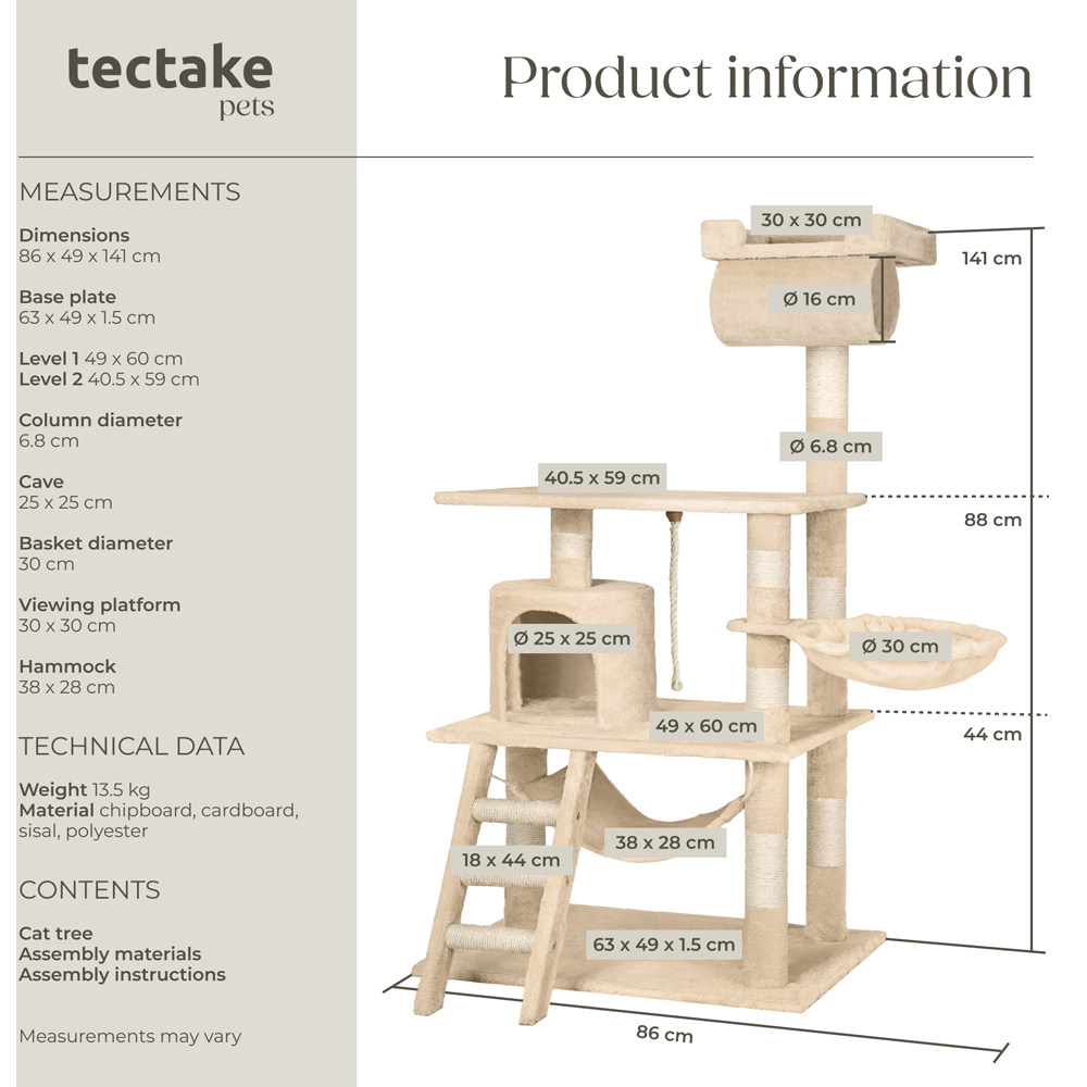 tectake Stokeley Beige Cat Tree with Scratching Post 141cm Image 9