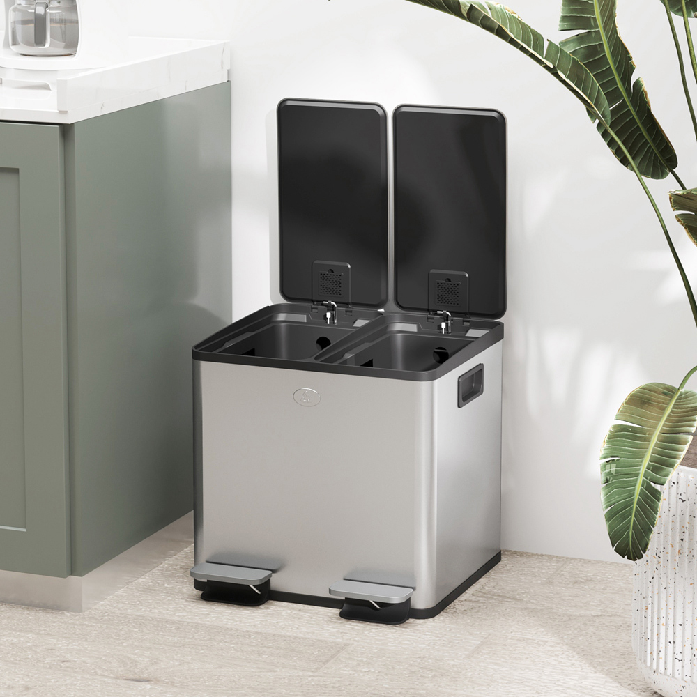 HOMCOM Silver Tone Stainless Steel Double Pedal Bin with Soft-Close Lid 30L Image 3