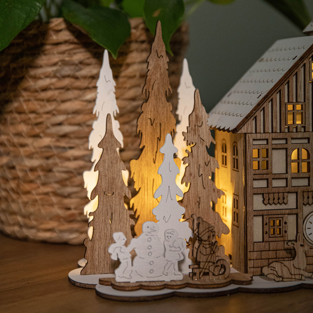Samuel Alexander Light Up Wooden House Scene with Christmas Trees Decoration 16cm Image 4
