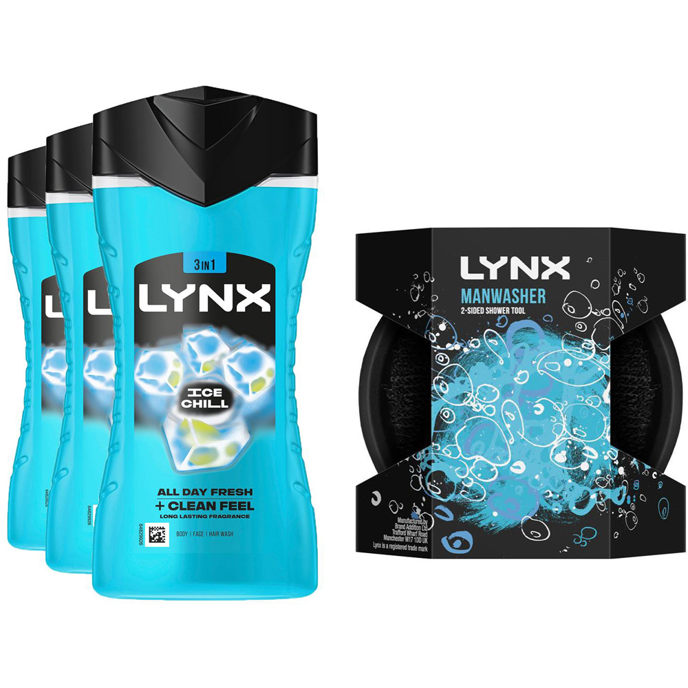 Lynx Ice Chill 3-in-1 Body Wash with Manwasher 2-Sided Shower Tool 225ml 3 Pack Image 1