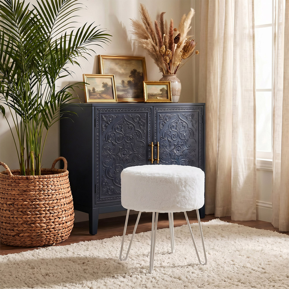 Living and Home White Fuzzy Vanity Footstool Image 3