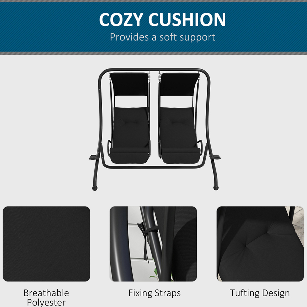 Outsunny 2 Seater Black Independent Swing Chair with Canopy and Cup Holder Image 6