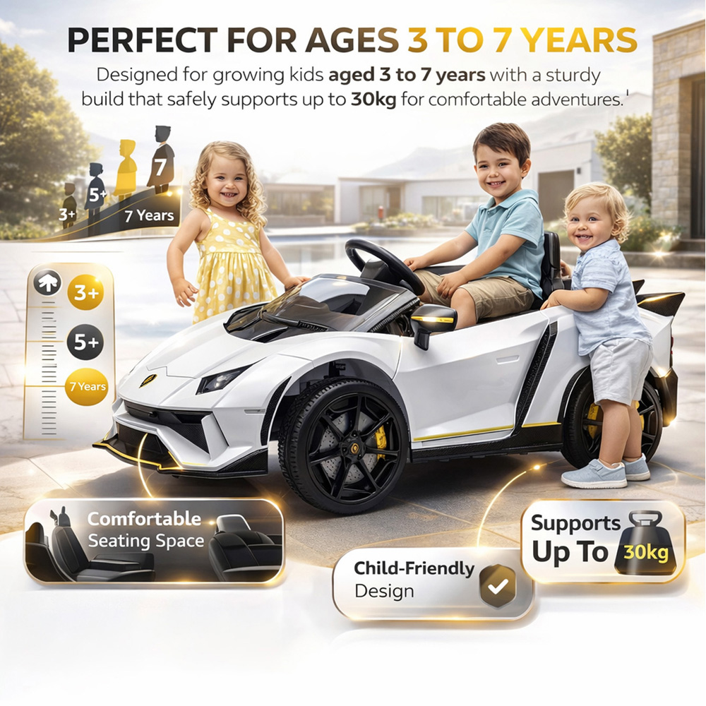 Alivio Kids White Lamborghini Ride-On Car with Remote and LED Lights 12V Image 5