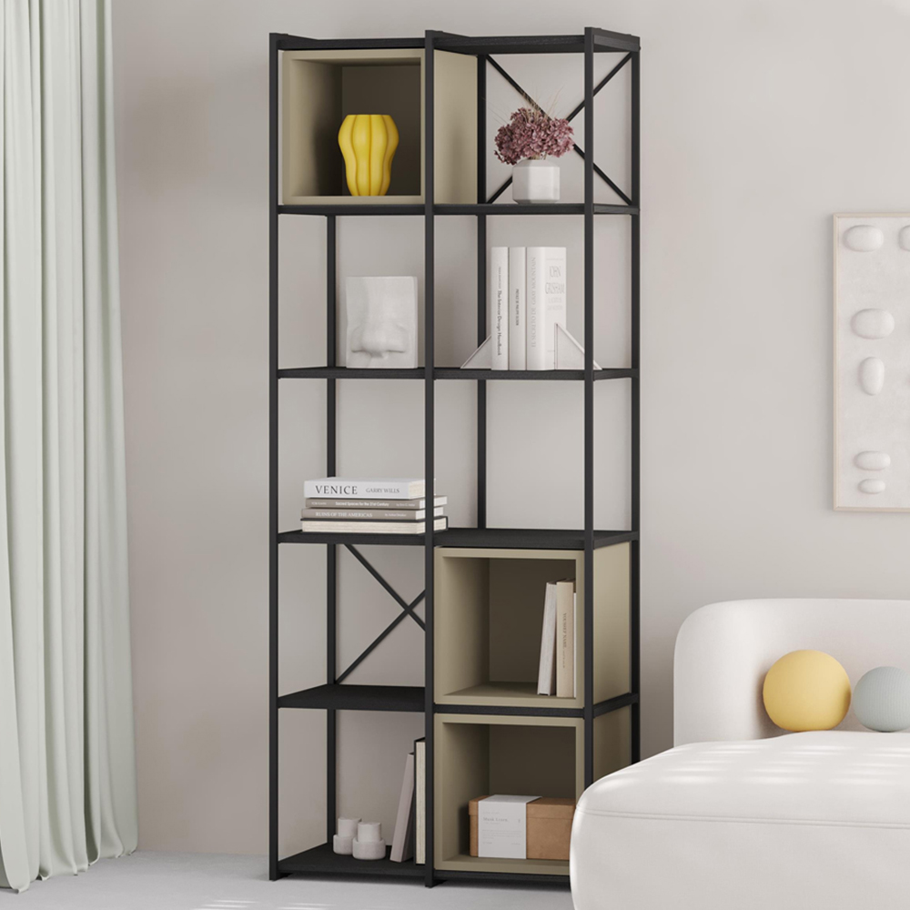 Decortie Vale Midi 10 Shelf Black Wood and Ash Green Bookcase Image 1