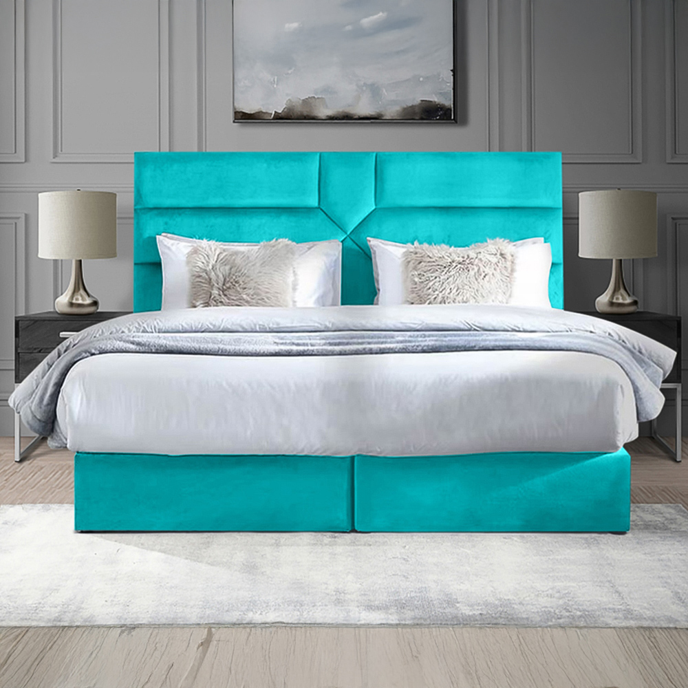 Eleganza Home Tranquilite Single Teal Plush Velvet Divan Bed with Headboard Image 1