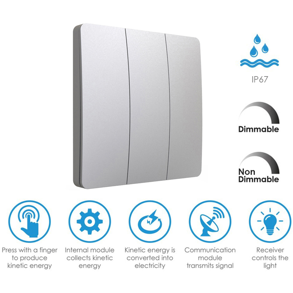 ENER-J 3 Gang Silver Wireless Non Dimmable Kinetic Switch Image 6