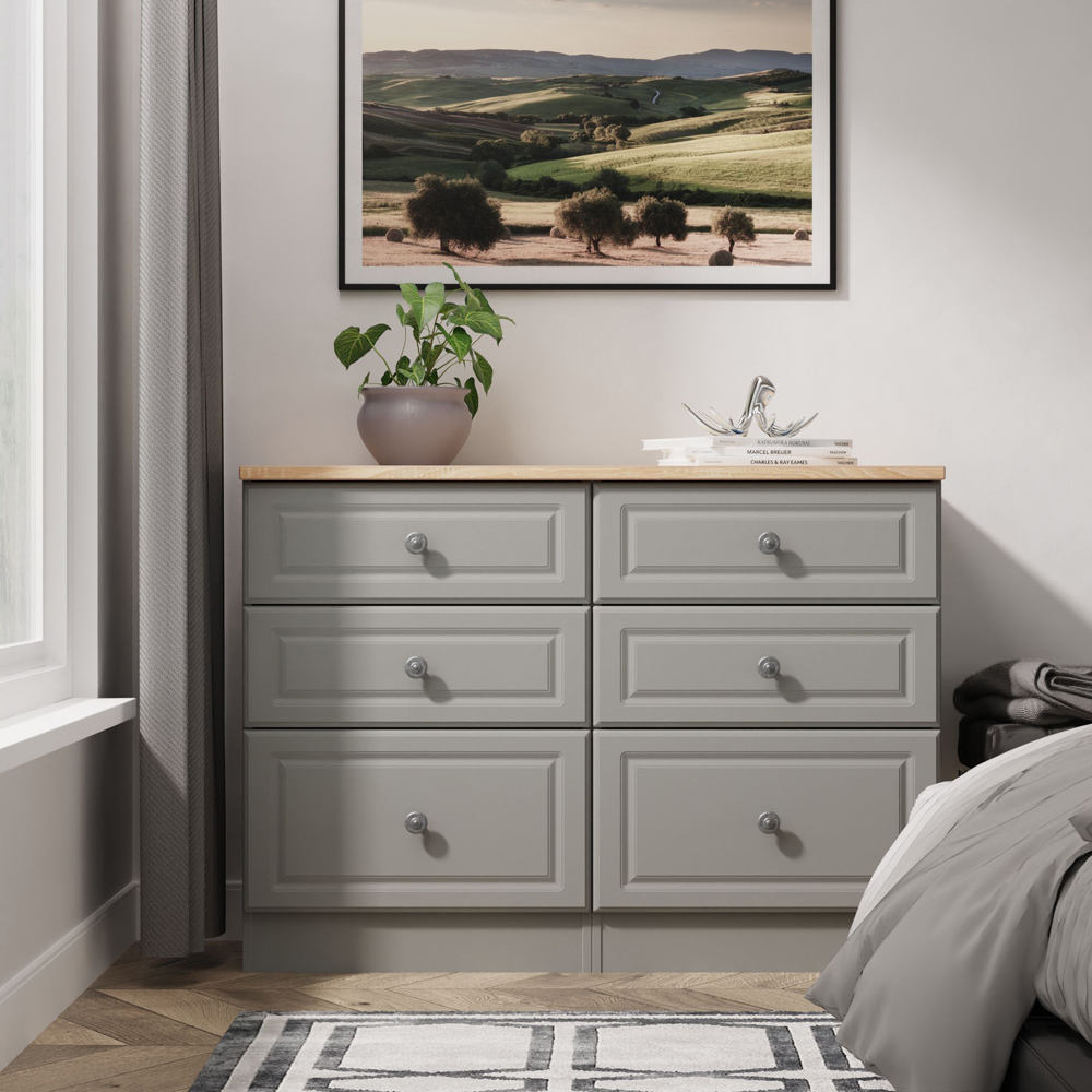 Crowndale Norfolk 6 Drawer Dusk Grey and Bardolino Oak Wide Chest of Drawers Ready Assembled Image 7