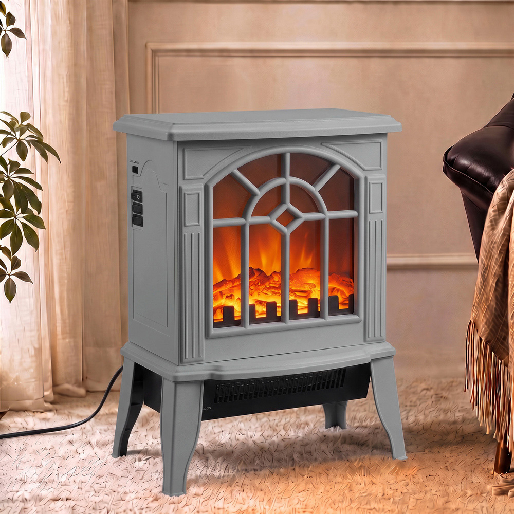 HOMCOM Grey Freestanding Electric Fireplace Log Burner with LED Flame Effect Image 2