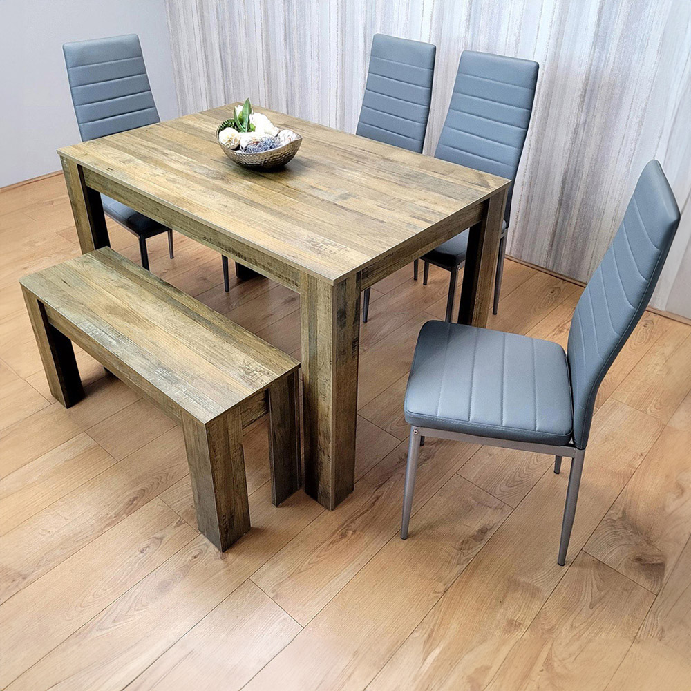 Portland 6 Seater Leather Dining Bench Set Rustic Effect and Grey Image 1