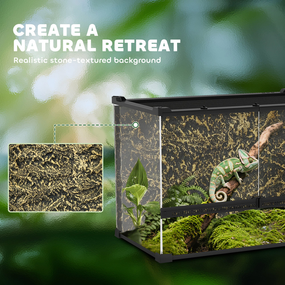 PawHut 48L Glass Black Reptile Vivarium with Stone Background Image 5