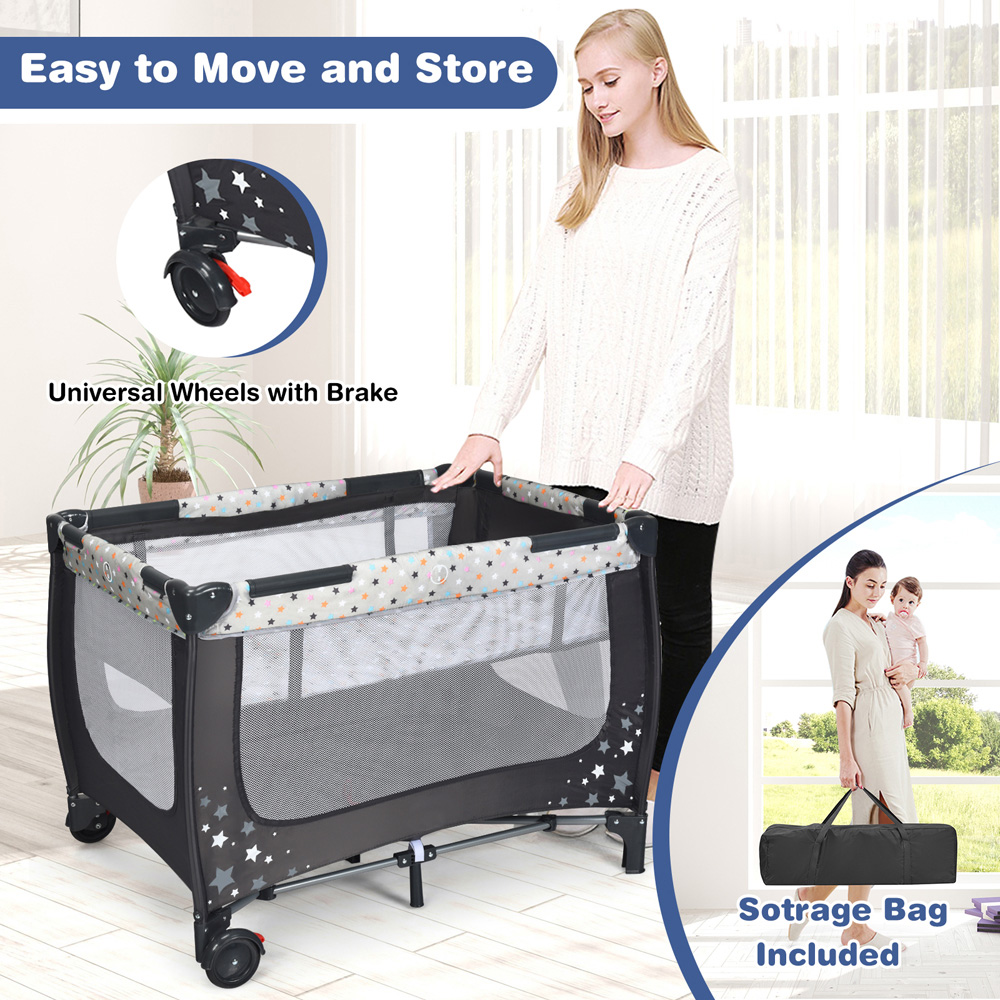 Costway 2 in 1 Grey Foldable Baby Playpen with Lockable Wheels and Mattress Image 8