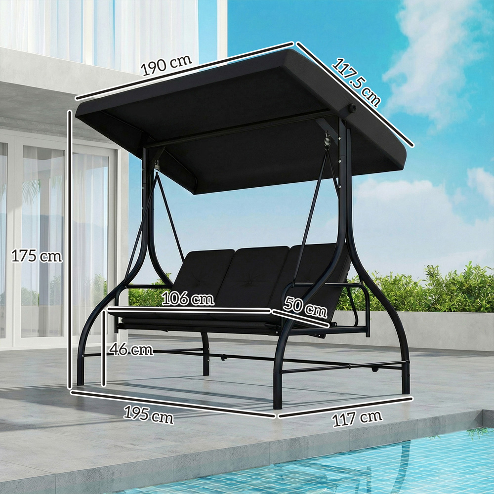 Outsunny 3 Seater Black Garden Swing Chair with Canopy Image 7