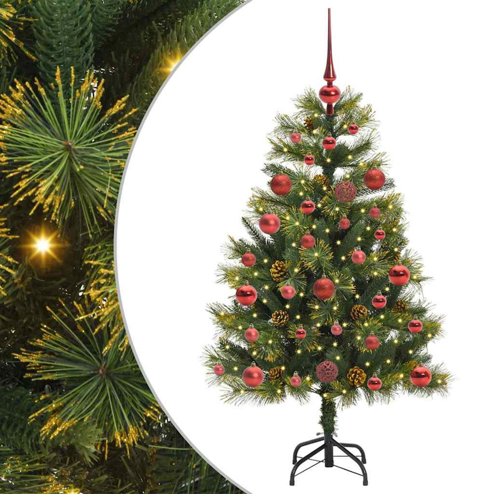 vidaXL Pre-Lit Red Baubles and Pinecones Green Artificial Christmas Tree 4ft Image 2