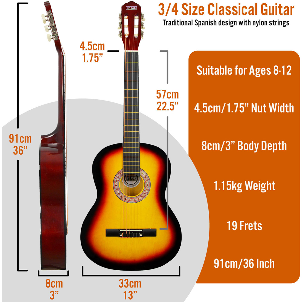 3rd Avenue Sunburst Three Quarter Size Classical Guitar Set Image 6
