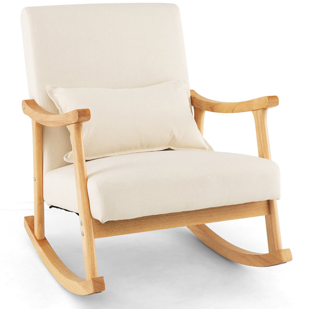 Costway Beige Upholstered Rubber Wood Frame Rocking Chair Image 2