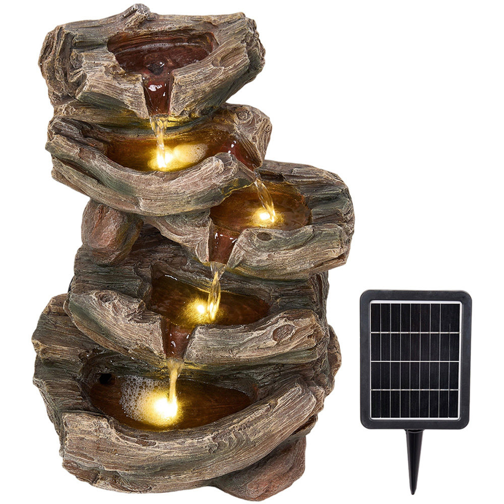 Living and Home 5-Tier Resin Log Wood and Rock Effect Solar LED Water Feature Image 1