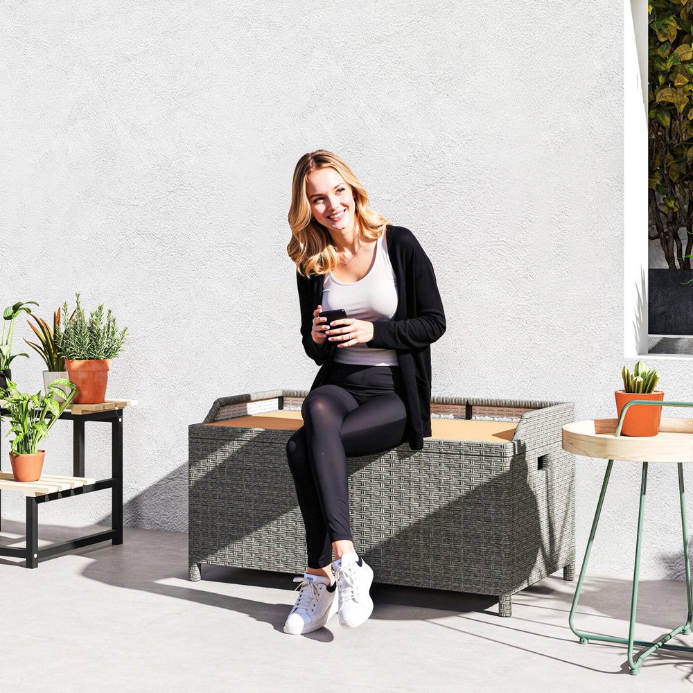 Outsunny 2 Seater Grey Rattan Aluminium Frame Outdoor Storage Bench 130L Image 4