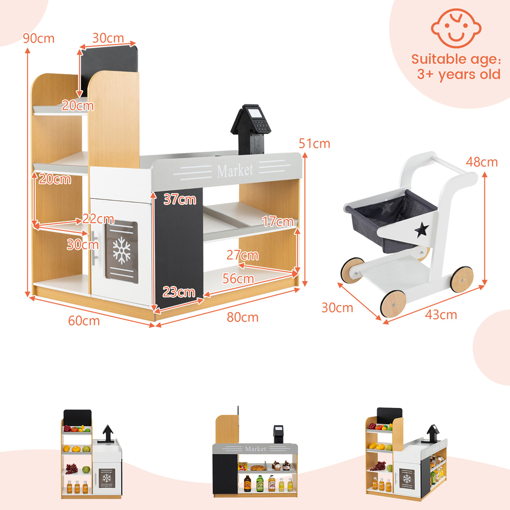 Costway White Pretend Grocery Store Play Set with Shopping Cart and 2 Chalkboards Image 7