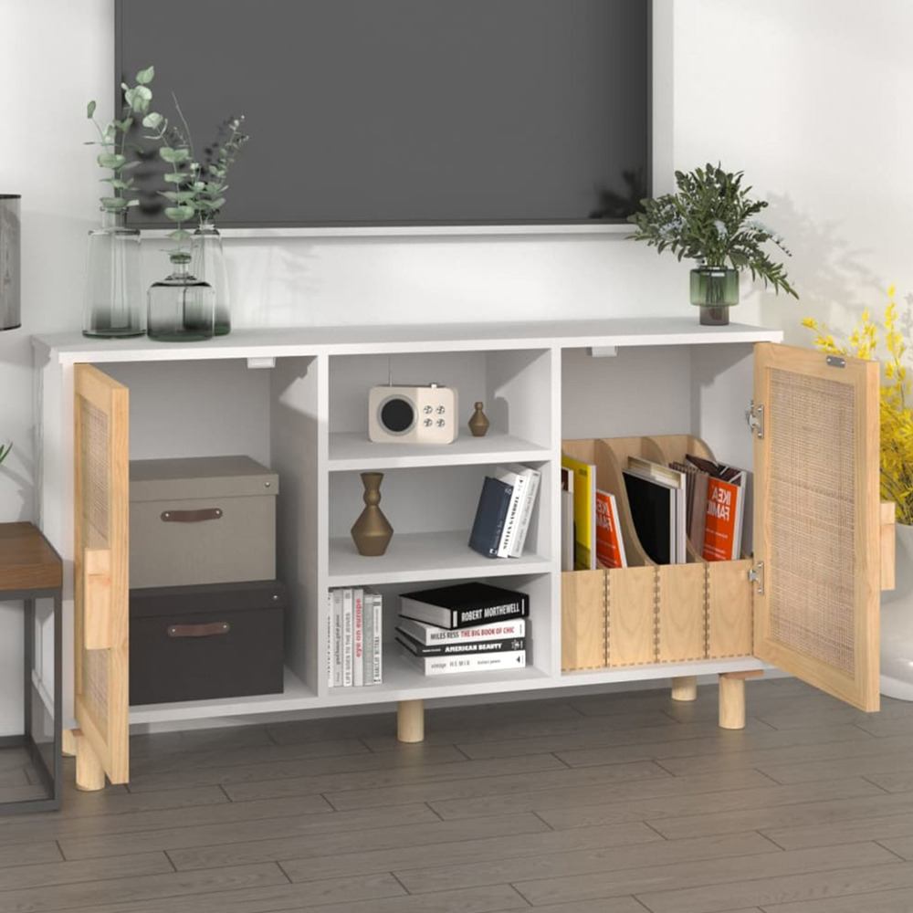 vidaXL 2 Door 3 Shelf White Solid Pine Wood and Natural Rattan Sideboard Image 1