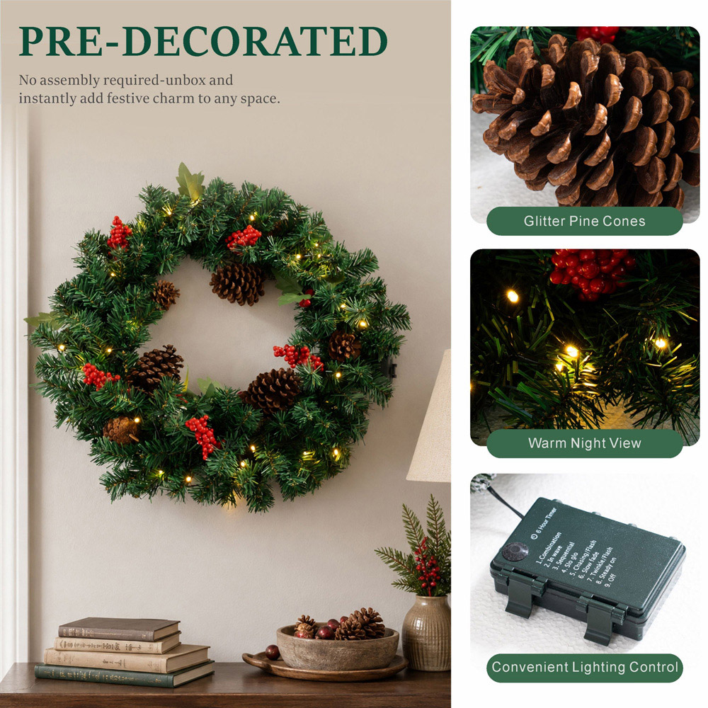 Abrihome 35 Warm White LED Artificial Cypress Christmas Wreath with Tips Pinecones and Berries 50cm Image 5