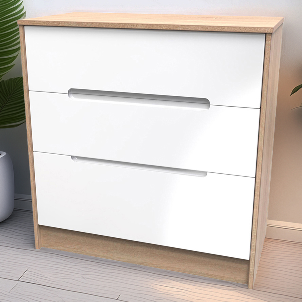 Crowndale Monaco 3 Drawer White Gloss and Bardolino Oak Deep Chest of Drawers Ready Assembled Image 1
