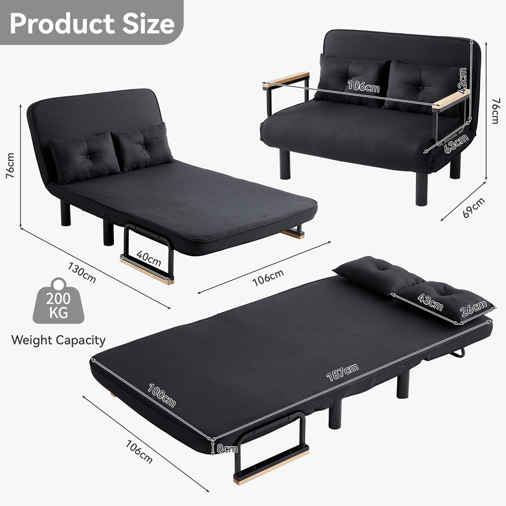2 Seater Black 4-in-1 Foldable Sofa Bed with Adjustable Backrest and Large Cushion Image 7