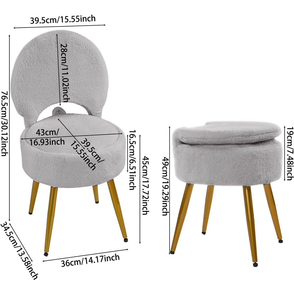 Living and Home Grey Faux Rabbit Fur Round Back Foldable Vanity Chair with Storage Image 8