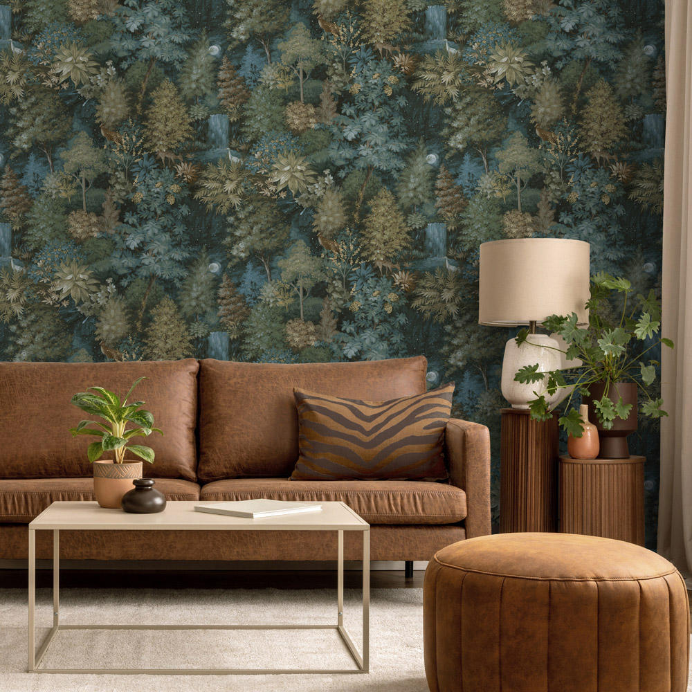 Holden Decor Midnight Woods Teal and Yellow Wallpaper Image 3