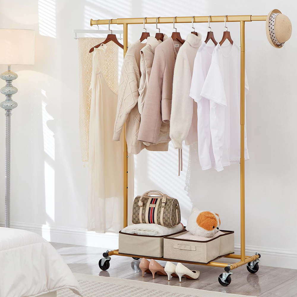House Of Home Single Shelf Gold Heavy-Duty Adjustable Rolling Clothes Rail Image 3