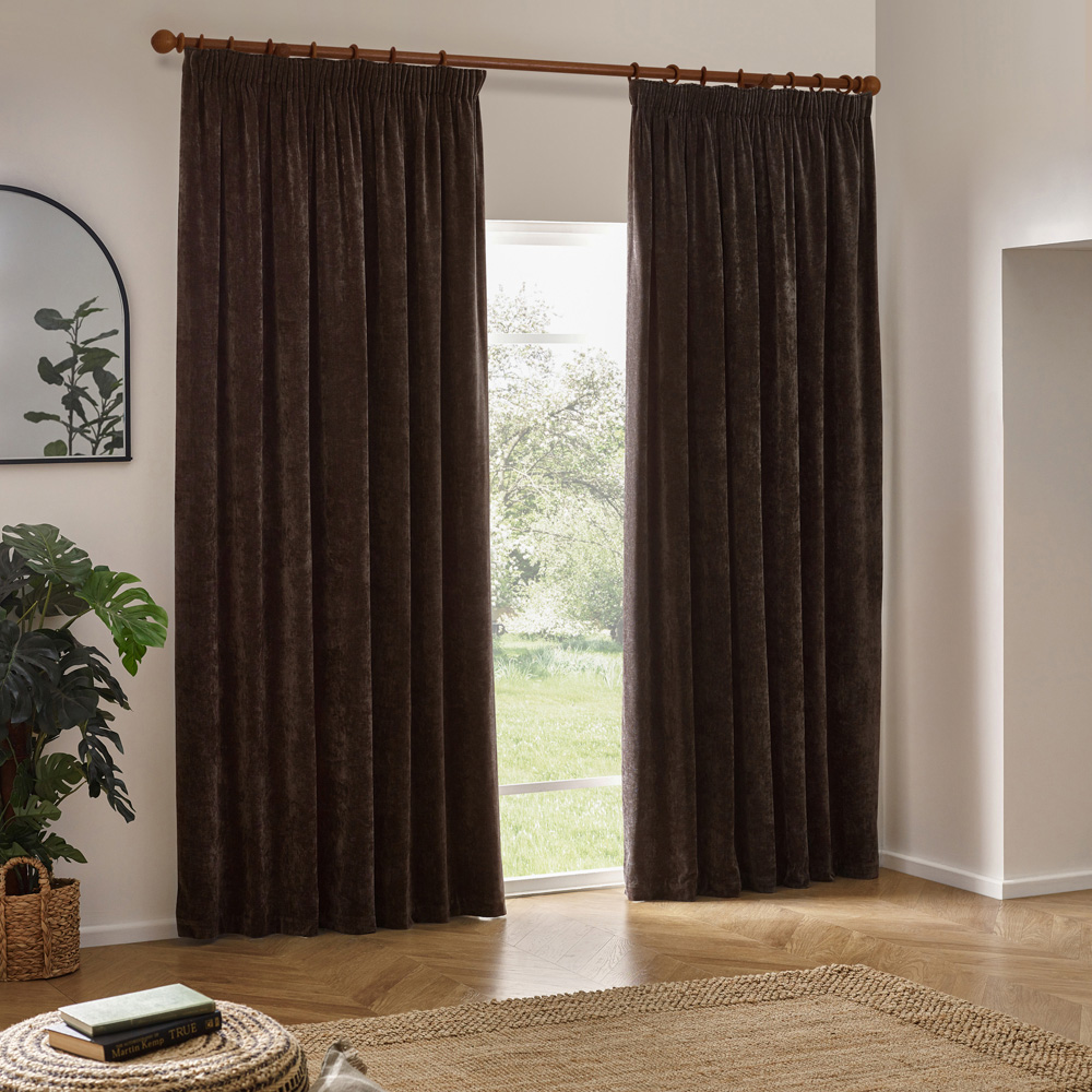 Yard Heavy Brown Chenille Velvet Pencil Pleat Curtains 229 x 137cm Image 6
